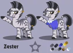 Size: 1100x800 | Tagged: artist:lightning stripe, bowtie, brown eyes, buttons, clothes, cutie mark, derpibooru import, ear piercing, earring, eyelashes, female, gray, gray background, jewelry, mare, oc, oc:zester, piercing, reference sheet, safe, shit eating grin, show accurate, simple background, solo, striped mane, stripes, suit, unofficial characters only, zebra, zebra oc