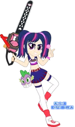 Size: 883x1489 | Tagged: safe, artist:anime-equestria, derpibooru import, spike, twilight sparkle, human, equestria girls, belly button, breasts, candy, chainsaw, cheerleader, cheerleader outfit, cleavage, clothes, disembodied head, food, human coloration, humanized, juliet starling, lollipop, lollipop chainsaw, midriff, miniskirt, nick carlyle, pigtails, pleated skirt, skirt, smiling, socks, sports bra, thigh highs, voice actor joke, zettai ryouiki