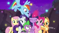 Size: 1920x1080 | Tagged: safe, derpibooru import, screencap, applejack, fluttershy, pinkie pie, rainbow dash, rarity, spike, twilight sparkle, twilight sparkle (alicorn), alicorn, dragon, pony, school raze, group hug, hug, magic, mane seven, mane six, winged spike