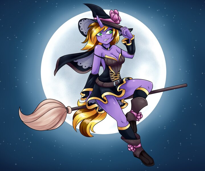 Size: 2520x2100 | Tagged: suggestive, artist:ambris, derpibooru import, oc, oc:kinsley, unofficial characters only, anthro, unicorn, anthro oc, beautiful, belt, boots, breasts, broom, cleavage, clothes, commission, evening, female, flying, flying broomstick, halloween, hat, holiday, mare, miniskirt, moe, moon, shoes, sitting, skirt, skirt lift, smiling, socks, solo, solo female, stars, thighs, witch, witch hat