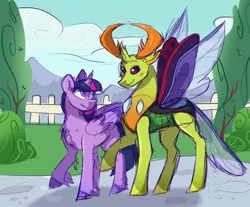 Size: 1164x964 | Tagged: alicorn, antlers, artist:slushshe, bush, changedling, changeling, chest fluff, cloud, cute, derpibooru import, female, king thorax, looking at each other, male, mountain, road, safe, shipping, size difference, smiling, straight, thorax, town, tree, twilight sparkle, twilight sparkle (alicorn), twirax