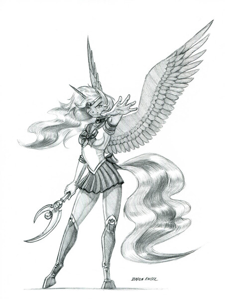 Size: 1000x1327 | Tagged: alicorn, anthro, artist:baron engel, derpibooru import, female, grayscale, looking at you, mare, monochrome, pencil drawing, princess luna, safe, sailor moon, sailor scout, scepter, simple background, solo, traditional art, unguligrade anthro, white background