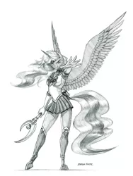 Size: 1000x1327 | Tagged: alicorn, anthro, artist:baron engel, derpibooru import, female, grayscale, looking at you, mare, monochrome, pencil drawing, princess luna, safe, sailor moon, sailor scout, scepter, simple background, solo, traditional art, unguligrade anthro, white background
