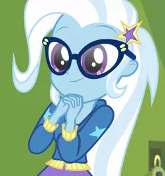 Size: 1014x1080 | Tagged: safe, derpibooru import, screencap, trixie, best trends forever, equestria girls, equestria girls series, :t, adorkable, best trends forever: twilight sparkle, canterlot high, choose twilight sparkle, clothes, cropped, cute, diatrixes, dork, glasses, happy, hoodie, meganekko, nerd, scrunchy face, skirt, smiling, solo, wavy mouth, weapons-grade cute