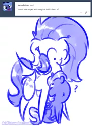 Size: 500x687 | Tagged: safe, artist:krucification, derpibooru import, fluttershy, princess luna, alicorn, bat pony, pony, ask, bat ponified, doodle, duo, female, filly, flutterbat, monochrome, question mark, race swap, tumblr, woona, younger