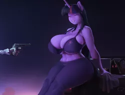 Size: 645x490 | Tagged: anthro, artist:maarthul, big breasts, bra, breasts, busty twilight sparkle, cleavage, clothes, dead source, derpibooru import, eyes closed, gun, huge breasts, pants, smiling, suggestive, twilight sparkle, underwear, weapon, yoga pants