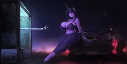 Size: 1500x755 | Tagged: anthro, artist:maarthul, big breasts, bra, breasts, bus stop, busty twilight sparkle, car, clothes, demon, derpibooru import, eyes closed, gun, huge breasts, night, pants, smiling, suggestive, surreal, twilight sparkle, underwear, unguligrade anthro, wat, weapon, yoga pants