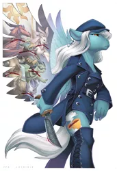 Size: 877x1280 | Tagged: semi-grimdark, artist:loupgarou, derpibooru import, oc, oc:ice, unofficial characters only, anthro, dragon, gryphon, hippogriff, pegasus, unicorn, yak, anthro oc, assassin, banner, blood, boots, clothes, implied death, knife, shoes, thigh boots, trenchcoat