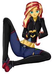 Size: 1840x2550 | Tagged: safe, artist:artemis-polara, derpibooru import, sunset shimmer, equestria girls, alternate hairstyle, ankle bracelet, belly button, belt, boots, clothes, gloves, heart hands, human sunset, jacket, pants, shoes, simple background, smiling, solo, torn clothes, transparent background