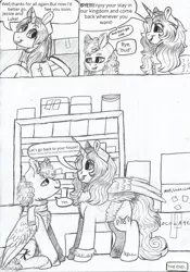 Size: 1158x1656 | Tagged: safe, artist:69beas, derpibooru import, oc, oc:jessie feuer, oc:khal, oc:luke pineswood, alicorn, pegasus, pony, unicorn, comic:jessie loves to break rules, alicorn oc, clothes, comic, fluffy, horn, monochrome, wings