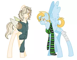 Size: 3232x2512 | Tagged: safe, artist:musicbetmlp, derpibooru import, oc, oc:skychaser, oc:thunder storm, pegasus, pony, brothers, clothes, duo, half-siblings, hoodie, interdimensional siblings, male, offspring, parent:dumbbell, parent:flash sentry, parent:lightning dust, parents:flashdust, parents:lightningbell, scarf, siblings, simple background, white background