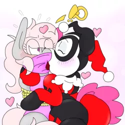 Size: 1533x1533 | Tagged: safe, artist:blackbewhite2k7, derpibooru import, pinkie pie, oc, oc:violet, bondage, butt, canon x oc, clothes, cloth gag, commission, costume, crossover, exclamation point, female, gag, harley quinn, heart, interrobang, kissing, lesbian, lipstick, pinkie quinn, plot, question mark, through clothes, tied up