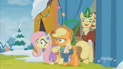 Size: 1348x758 | Tagged: applejack, best gift ever, clothes, curtain, derpibooru import, discovery family logo, earmuffs, flag, flam, flim, flim flam brothers, fluttershy, holly the hearths warmer doll, levitation, magic, rainbow, safe, scarf, screencap, sweater, telekinesis