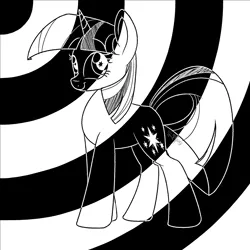 Size: 2000x2000 | Tagged: safe, artist:binkyt11, derpibooru import, twilight sparkle, pony, unicorn, black and white, bullseye, cardboard twilight, daredevil, eyestrain warning, female, grayscale, mare, monochrome, solo, swirl, unicorn twilight