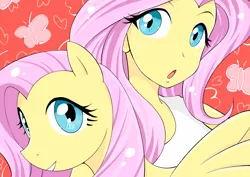 Size: 4093x2894 | Tagged: safe, artist:bonoramo, derpibooru import, fluttershy, human, pegasus, pony, equestria girls, clothes, female, looking at you, mare, self ponidox, shirt