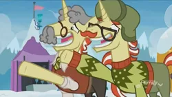 Size: 1348x758 | Tagged: best gift ever, clothes, derpibooru import, discovery family logo, disguise, duo, fake moustache, fake smile, flam, flim, flim flam brothers, glasses, grin, nervous, nervous grin, paper-thin disguise, raised hoof, safe, screencap, smiling, sweater, wig