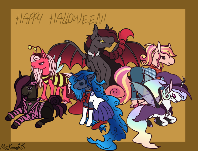Size: 1786x1362 | Tagged: safe, artist:misskanabelle, derpibooru import, oc, oc:charmeuse culicivora, oc:morpheus, oc:nova nightshade, oc:sugar bee, oc:sundance, oc:violet vivanite, unofficial characters only, bat pony, changepony, earth pony, hybrid, pegasus, pony, unicorn, vampire, abstract background, animal costume, bat pony oc, bat wings, bee costume, clothes, costume, cowboy, eye scar, female, halloween, halloween costume, happy halloween, hat, holiday, image, interspecies offspring, lying down, magical lesbian spawn, male, mare, offspring, parent:big macintosh, parent:fluttershy, parent:king sombra, parent:maud pie, parent:mud briar, parent:princess celestia, parent:princess luna, parent:queen chrysalis, parents:chryslestia, parents:fluttermac, parents:lumbra, parents:maudbriar, png, prone, sailor moon, scar, signature, skirt, smiling, stallion, wings, witch, witch hat