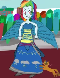 Size: 552x719 | Tagged: safe, artist:horsesplease, derpibooru import, capper dapperpaws, rainbow dash, cat, equestria girls, my little pony: the movie, angel, angry, annoyed, clothes, dress, paint tool sai, rainbow dash always dresses in style, sword, weapon, wings