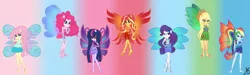 Size: 5888x1776 | Tagged: safe, artist:ketrin29, artist:sparkling-sunset-s08, derpibooru import, applejack, fluttershy, pinkie pie, rainbow dash, rarity, sci-twi, sunset shimmer, twilight sparkle, fairy, human, equestria girls, alternate hairstyle, barefoot, base used, clothes, colored wings, crossover, enchantix, fairies, fairies are magic, fairy wings, feet, gloves, gradient background, gradient wings, hand behind back, hand on arm, hand on hip, hands on hip, humanized, image, long gloves, looking at you, multicolored wings, png, ponied up, rainbow s.r.l, rainbow wings, sparkly wings, winged humanization, wings, winx club