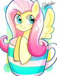 Size: 900x1200 | Tagged: safe, artist:yuyutsuka_0130, derpibooru import, fluttershy, pegasus, pony, cup, cute, female, mare, shyabetes, solo