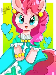 Size: 900x1200 | Tagged: safe, artist:yuyutsuka_0130, derpibooru import, pinkie pie, earth pony, pony, bipedal, clothes, cute, diapinkes, dress, ear piercing, earring, female, happy, heart, jewelry, looking at you, mare, piercing, solo