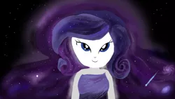 Size: 1280x720 | Tagged: safe, artist:horsesplease, derpibooru import, rarity, equestria girls, the other side, clothes, dress, galaxy, glowing mane, lidded eyes, meteor, nebula, night, paint tool sai, purple, smiling, smirk, song in the description, space, stars