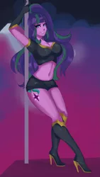 Size: 1607x2859 | Tagged: suggestive, artist:malajahr, artist:xjenn9, derpibooru import, edit, starlight glimmer, equestria girls, belly button, boots, breasts, busty starlight glimmer, clothes, cloths, cutie mark, cutie mark on equestria girl, exposed thighs, female, high heel boots, knee-high boots, looking at you, redraw, shoes, shorts, solo, solo female, stripper pole, thighs