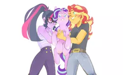 Size: 1187x720 | Tagged: safe, artist:opalmond, derpibooru import, sci-twi, starlight glimmer, sunset shimmer, twilight sparkle, human, pony, unicorn, equestria girls, clothes, female, holding a pony, hug, lesbian, polyamory, scitwishimmer, shimmerglimmer, shipping, square crossover, sunsetsparkle, twishimmerglimmer, twistarlight