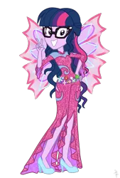 Size: 1549x2290 | Tagged: safe, artist:ilaria122, artist:pupkinbases, derpibooru import, sci-twi, twilight sparkle, fairy, human, equestria girls, alternate hairstyle, clothes, crossover, fairy wings, female, flower, glasses, high heels, humanized, onyrix, peace sign, pose, rainbow s.r.l, shoes, simple background, smiling, transparent background, winged humanization, wings, winx club, world of winx