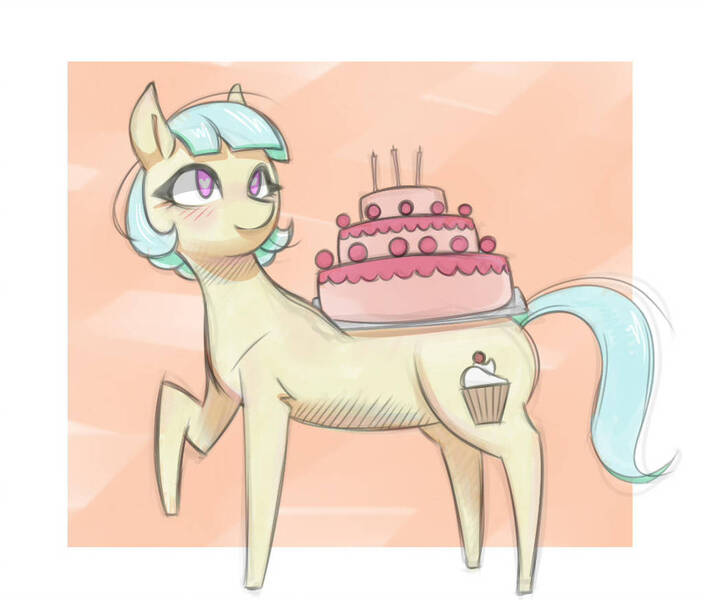 Size: 1024x873 | Tagged: safe, artist:hamanaki, derpibooru import, oc, unofficial characters only, earth pony, pony, abstract background, blushing, cake, cutie mark, female, food, heart eyes, mare, raised hoof, solo, wingding eyes