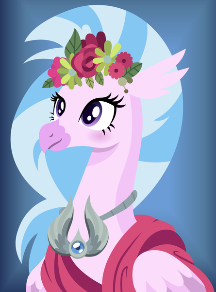 Size: 1039x1400 | Tagged: amulet, amulet of aurora, artist:cloudyglow, bust, derpibooru import, female, flower, hippogriff, jewelry, lineless, part of a set, portrait, safe, silverstream