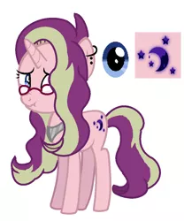 Size: 800x960 | Tagged: safe, artist:thatonecrazyartist18, derpibooru import, oc, oc:shadow shine, unofficial characters only, pony, unicorn, icey-verse, base used, ear piercing, earring, female, glasses, jewelry, magical lesbian spawn, mare, next generation, offspring, parent:starlight glimmer, parent:sunset shimmer, parents:shimmerglimmer, piercing, scrunchy face, simple background, solo, white background