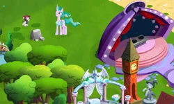 Size: 773x465 | Tagged: clock tower, derpibooru import, dj table, gameloft, gameloft shenanigans, mistmane, pipsqueak, safe, stage, statue, trixie