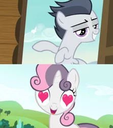 Size: 576x650 | Tagged: safe, derpibooru import, edit, edited screencap, screencap, rumble, sweetie belle, pegasus, pony, unicorn, lesson zero, marks and recreation, colt, female, filly, heart eyes, male, rumbelle, shipping, straight, wingding eyes