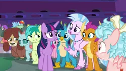 Size: 1920x1080 | Tagged: safe, derpibooru import, screencap, cozy glow, gallus, ocellus, rainbow dash, sandbar, silverstream, smolder, twilight sparkle, twilight sparkle (alicorn), yona, alicorn, classical hippogriff, dragon, earth pony, hippogriff, pony, yak, school raze, claws, cloven hooves, dragoness, female, filly, foal, hand on hip, male, messy mane, monkey swings, paws, raised eyebrow, reassurance, student six, teenager, toes