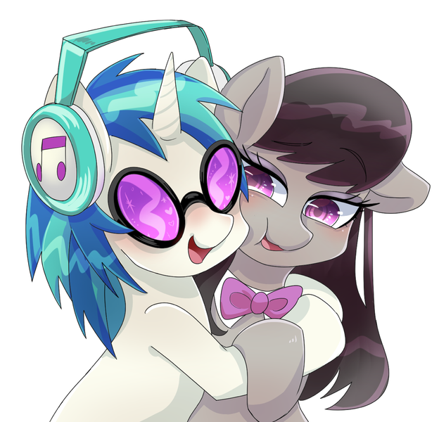 Size: 1280x1230 | Tagged: safe, artist:bbtasu, derpibooru import, octavia melody, vinyl scratch, earth pony, pony, unicorn, blushing, bowtie, cheek squish, cute, female, headphones, hug, lesbian, mare, scratchtavia, shipping, squishy cheeks, sunglasses