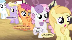 Size: 1168x657 | Tagged: appalled, cotton cloudy, cropped, derpibooru import, dialogue, dinky hooves, dude not funny (reaction image), edit, edited screencap, noi, reaction image, safe, scootaloo, screencap, simple ways, speech bubble, sweetie belle