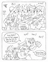 Size: 849x1100 | Tagged: alicorn, anthro, applejack, artist:circe, black and white, clothes, comic:soreloser, cowboy hat, derpibooru import, dress, fluttershy, freckles, glass of water, grayscale, hat, monochrome, pinkie pie, pleated skirt, rainbow dash, safe, shorts, skirt, spike, stetson, sundress, sun hat, traditional art, twilight sparkle, twilight sparkle (alicorn), unguligrade anthro