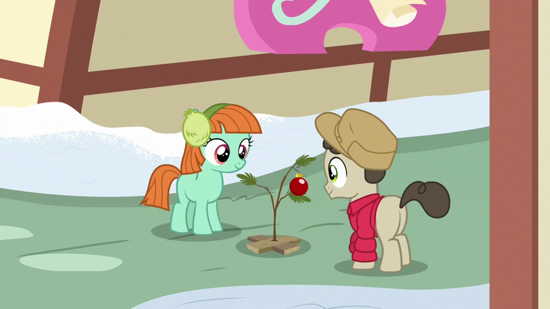 Size: 1280x720 | Tagged: safe, derpibooru import, screencap, ginger green, gnarly burl, pony, best gift ever, a charlie brown christmas, charlie brown, colt, earmuffs, female, filly, foal, hearth's warming tree, heather wold, male, ornament, the little red haired girl, tree