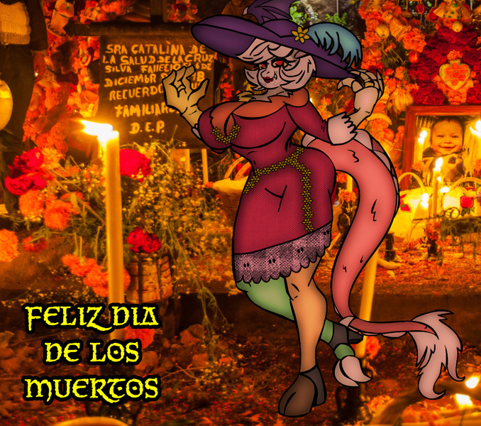 Size: 1152x1019 | Tagged: altar de muertos, anthro, artist:jacalope, artist:mad'n evil, big breasts, breasts, cempasúchil, derpibooru import, dia de los muertos, discord, edit, eris, flower, large butt, ofrenda, rule 63, spanish, spanish text, suggestive