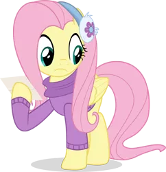 Size: 4001x4132 | Tagged: absurd resolution, artist:shutterflyeqd, best gift ever, clothes, cute, derpibooru import, earmuffs, female, fluttershy, looking down, safe, simple background, solo, sweater, transparent background, unsure, vector