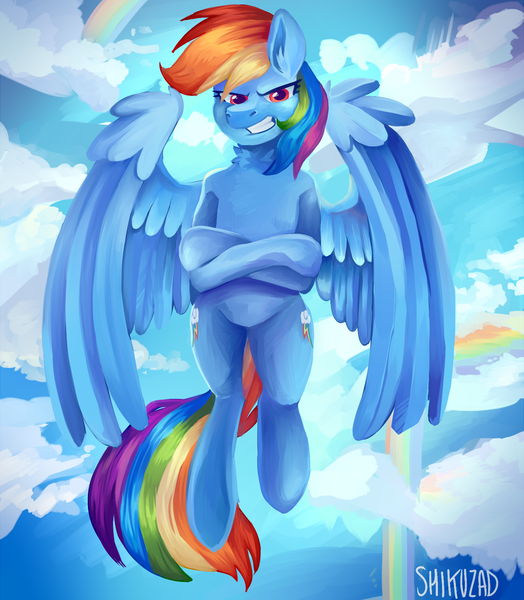 Size: 1400x1602 | Tagged: safe, artist:shikuzad, derpibooru import, rainbow dash, pegasus, pony, cloud, crossed hooves, flying, human shoulders, solo