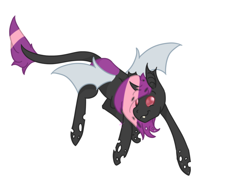 Size: 1024x796 | Tagged: safe, artist:xxxmadlenxxx, derpibooru import, changeling, pony, dynamic, fangs, pink eyes, purple changeling, purple hair, simple background, solo, transparent background, wings