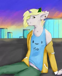 Size: 1024x1250 | Tagged: safe, artist:xxxmadlenxxx, derpibooru import, oc, anthro, unicorn, clothes, horns, jacket, lollypop, piercing, shirt, shorthair, solo, sunset, t-shirt, thatae, whitepony