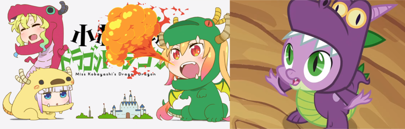 Size: 2220x709 | Tagged: clothes, comparison, costume, derpibooru import, dragon, dragon costume, edit, edited screencap, female, kanna kamui, lucoa, luna eclipsed, male, miss kobayashi's dragon maid, safe, screencap, solo, spike, tohru