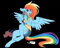 Size: 1280x1025 | Tagged: anthro, artist:kipaki, clothes, comb, cutie mark, derpibooru import, female, human to anthro, male to female, potion, rainbow dash, rule 63, safe, sitting, solo, spread wings, torn clothes, transformation, transgender transformation, wings