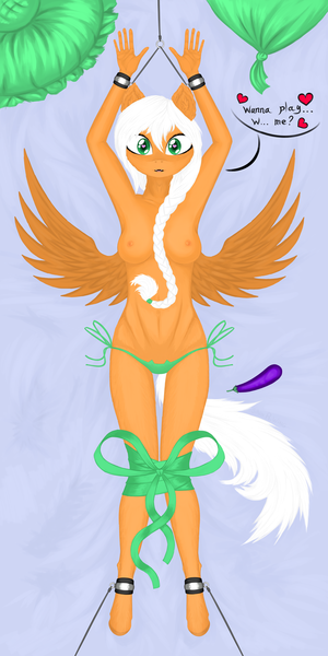 Size: 1000x2000 | Tagged: questionable, artist:silviawing, derpibooru import, oc, oc:cassiopeia, anthro, pegasus, unguligrade anthro, ankle cuffs, anthro oc, armpits, bdsm, bed, bondage, braid, breasts, clothes, collection, cuffs, dialogue, ear fluff, eggplant, female, food, heart eyes, looking at you, lube, lying down, mare, nipples, nudity, open mouth, panties, sexy, simple background, solo, solo female, stupid sexy oc, underwear, wingding eyes