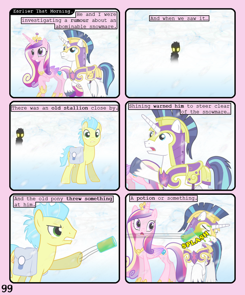 Size: 900x1080 | Tagged: safe, artist:lister-of-smeg, derpibooru import, princess cadance, shining armor, oc, oc:pulp puree, earth pony, pony, comic:crystal heart attack, comic, male, snow, snowmare, stallion