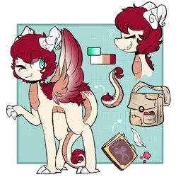 Size: 1024x1030 | Tagged: artist:urbanqhoul, bird, claws, derpibooru import, dracaven, dragon, green eyes, horns, oc, oc:eri rebecula, one eye closed, original species, reference sheet, safe, smiling, smirk, unofficial characters only, wings, wink
