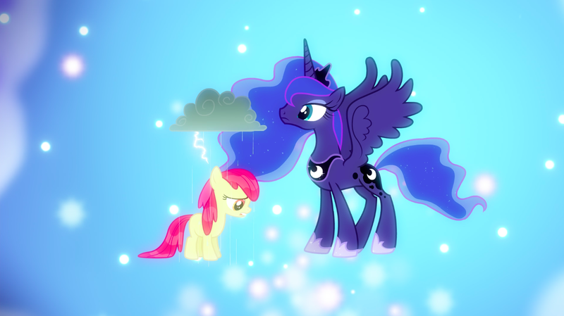 Size: 1440x808 | Tagged: safe, derpibooru import, screencap, apple bloom, princess luna, alicorn, earth pony, pony, bloom and gloom, bow, cloud, depressed, dream realm, dream walker luna, duo, ethereal mane, female, filly, foal, mare, rain, raincloud, spread wings, starry mane, wet, wet mane, wings